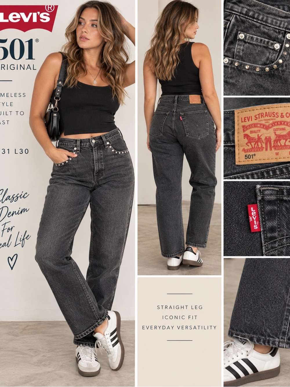 Levi’s 501 Original Jeans W31 L30 Washed Black Gray Straight Leg Studded
